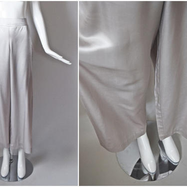 vtg 90s Nira Nira New York silver satin wide leg high waist pants | y2k 1990s | size Medium M bell bottom womens flared trouser slacks 