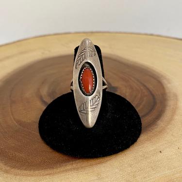 RED EYE Vintage 70s Silver & Coral Ring | 1970s Large Shadow Box | Native American Navajo Jewelry | Size 6 3/4 