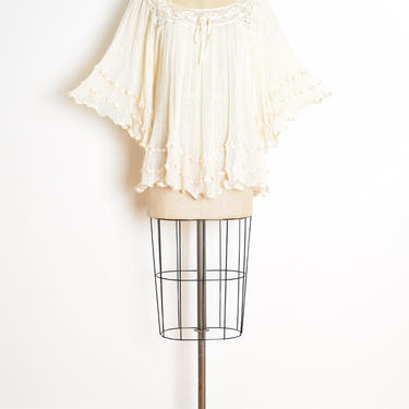 vintage 70s top cream gauze bell sleeve angel blouse boho hippie babydoll L XL clothing 
