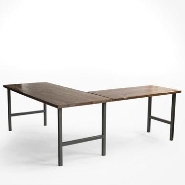 L Shaped Desk made of reclaimed wood and steel H base.  Choose, size, thickness, return side, height and finish. 