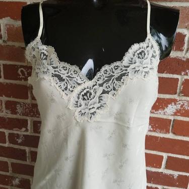 Vintage 80s Ivory Silk Jacquard Cami/Tank With lace  Made in France  S 