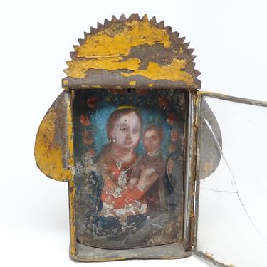 Antique 1800's Madonna and Child Retablo in Tin  Nicho Altar Shrine, Mexican Religious Folk Art, Hand Painted Mary & Baby Jesus Church Art 