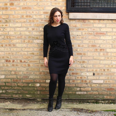 Vintage 1990s Beaded Sweater Dress - Black Wool Long Sleeve Stretchy Mini Dress - S 