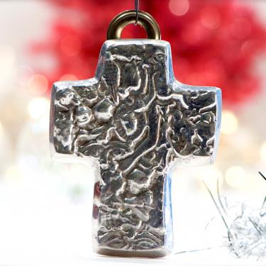 VINTAGE: 3.5" Mexican Pewter Milagro Cross Ornament - Cast Pewter Angel - Silver Aluminum Cross - SKU 15-C1-00033224 