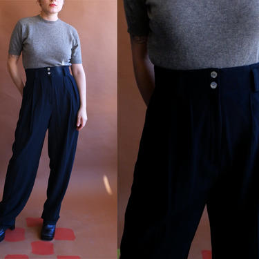 Vintage 80s Black High Waisted Trousers/ 1980s Rayon Wide Waistband Pleated Pants/ Size Medium 30 