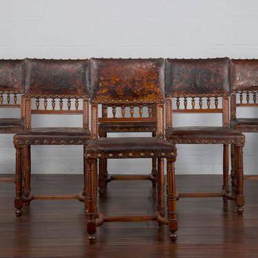 Late 19th Century Set of 6 French Henry II Hunting Renaissance Walnut Dining Chairs W/ Original Hand-Tooled Leather 