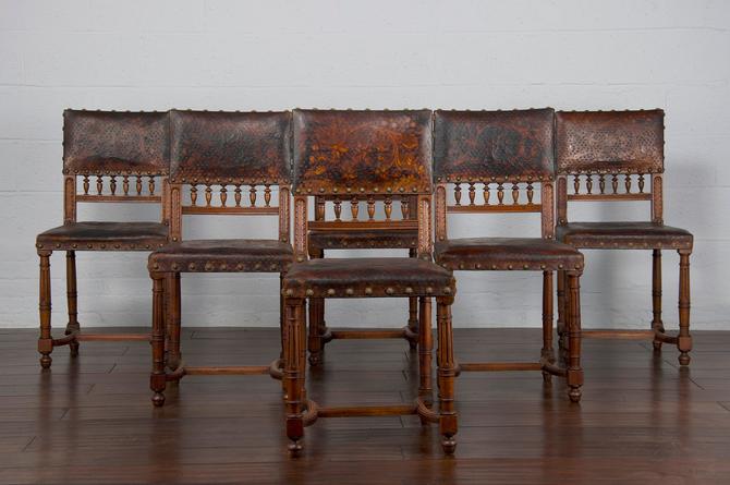 Late 19th Century Set of 6 French Henry II Hunting Renaissance Walnut Dining Chairs W/ Original Hand-Tooled Leather 