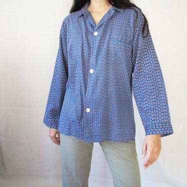 Vintage 60s Pajama Shirt M L  - Blue Mens Long Sleeve Pajama Top - Grunge Kurt Cobain Pajamas - Mens Sleep Shirt - Vintage Pajamas 