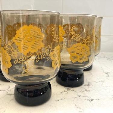 Set of 5 Vintage 1970s Yellow and Brown Floral Drinking Brown Libby Glasses, Antique 1970s Brown Retro Cups by LeChalet