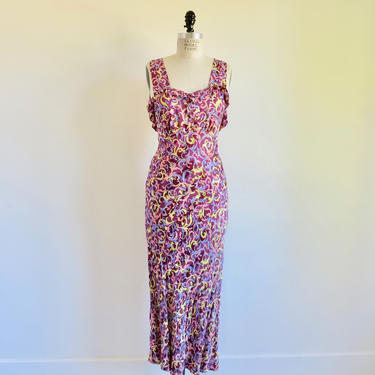 Vintage 1940's Maroon Burgundy Novelty Print Rayon Long Dress Negligee Nightgown Bias Cut Hollywood Glamor Size Small Medium Bust 35&amp;quot; 