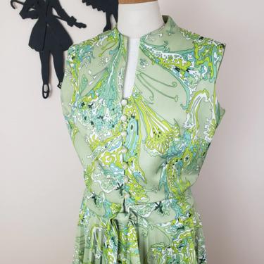 Vintage 1960's Psychedelic Dress / 70s Green Marbeled Polyester Day Dress M/L 