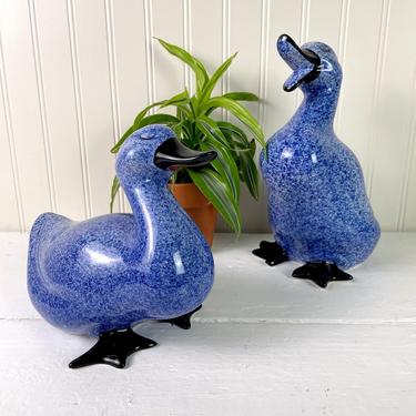 Enesco blue and white spongeware pottery duck pair - 1980s vintage 