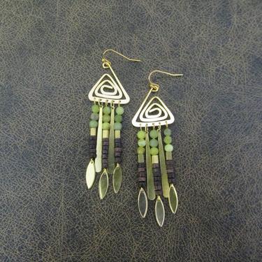 Bold chandelier earrings, African brass earrings, statement earrings, gypsy hippie earrings, Afrocentric green earrings, tribal boho chic 