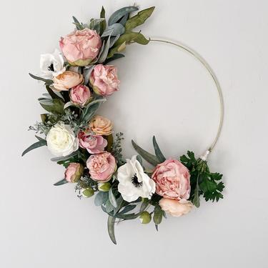 Pink Peony, Ranunculus, Anemone and Soft Greens wreath, Spring hoop wreath, Faux dried flowers wreath, Mother's Day gift, Minimalist spring 