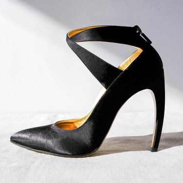 Vintage Walter Steiger Paris Black Satin Cross Ankle Strap Pointy Toe Pump w/ Arched High Heel | Made in Italy | Size 37 | Designer Heels 