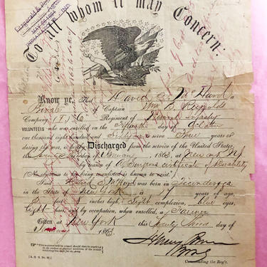 CIVIL WAR Discharge Papers Documents Antique Ephemra New York McHerd, Military, Reynolds, 1863 Disability, Ticonderoga New York 