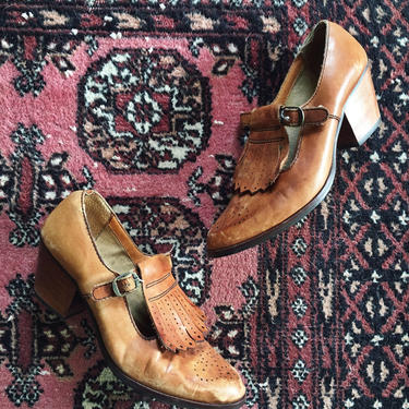 Woodstock 1970s Tan Heeled Leather Oxford Mary Janes 8 