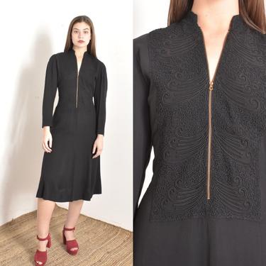 Vintage 1940s Dress / 40s Zip Front Rayon Soutaché Dress / Black ( large L ) 