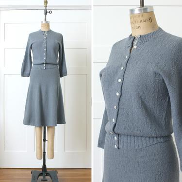vintage 1940s 50s knit wool set • light gray boucle wool sweater & matched skirt dress set 
