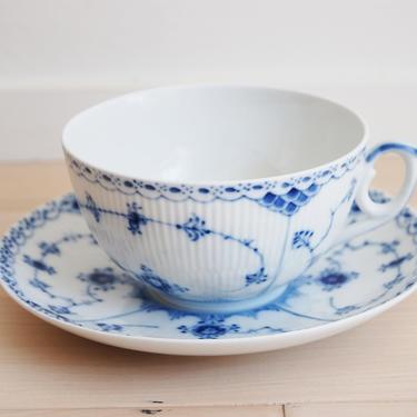 Royal Copenhagen Blue Fluted Half Lace Cup and Saucer Large Made in Denmark 524 