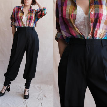 Vintage 80s Black Silk Trousers/ 1980s High Waisted Pleated Pants/Ellen Tracy/ Size 28 