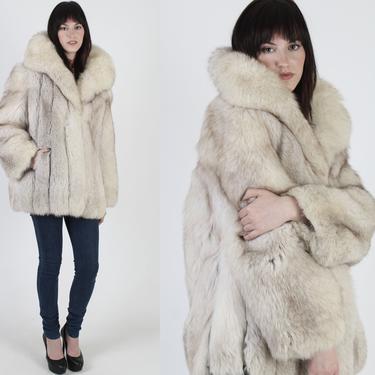 Vintage 80s Cream Arctic Fox Fur Coat, Chubby Real Fur Plush Jacket, Womens Ivory Leather Inlay Fox Jacket 