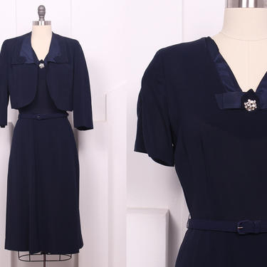 Vintage 1940's Harwyn Navy Suit Set • 40's Designer Rayon Jacket & Dress Set • Size S/M 