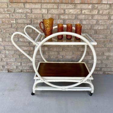 Mid Century 2-Tier Rattan Bar Cart / Service Trolley Painted White 