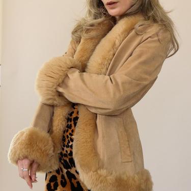 70's Caramel Suede Faux Fur Trim Princess Coat Size Small