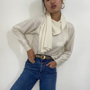 90s cashmere scarf sweater / vintage creamy white 2 ply cashmere scarf ascot pussy bow sweater | S 