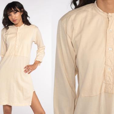Pajama Shirt Dress Henley Pajama TShirt Dress 80s Night Shirt Cream Thermal Pajamas Retro Vintage Long Sleeve Button Up Medium Large 