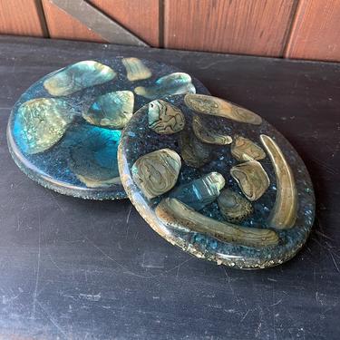 Pair of Mid-Century Mother of Pearl Resin Trivets Vintage 1960s Blue Glitter Confetti 