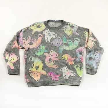 1980s Gray Rainbow Bear Knit Sweater / Hearts / Psychedelic / XL / Dead / Large / Kawaii / Fairy Kei / Pastel / 80s / Novelty / L / Fractal 