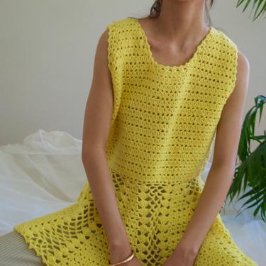 70s lemon yellow crochet knit top / mini dress 