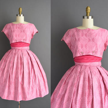 vintage dress 50s - Polished cotton pink floral print dress - 1950s vintage dress 