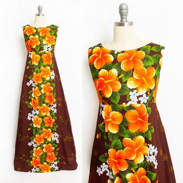 Vintage 1960s Dress Hawaiian Floral Brown Maxi MEdium M 