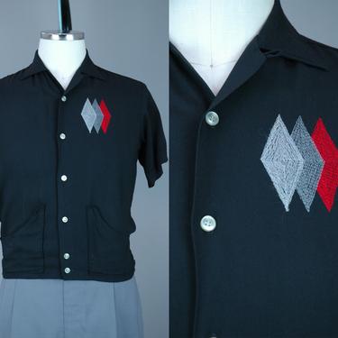 1950s Rayon Shirt with Diamond Embroidery | Vintage 50s 'Pilgrim' Shirt with Pockets | Small 