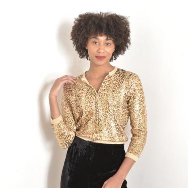 Vintage 1950s Sweater / 50s Sequined Cashmere Zip Up Cardigan / Gold ( M L ) 