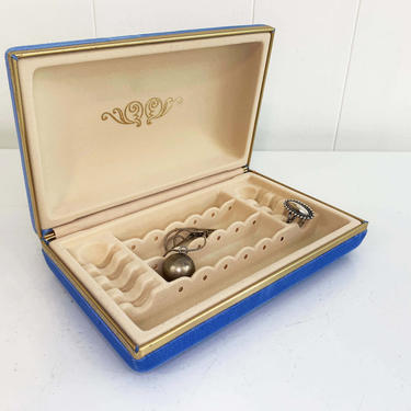 Vintage Mele Jewelry Box Velvet Earring Ring Case Royal Blue Gold Travel Hard Clamshell Retro Necklace Storage 