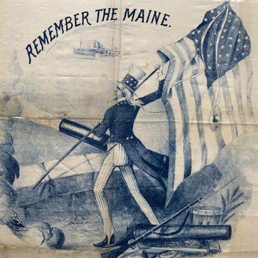 Antique Remember The Maine Framed Silk Scarf, Uncle Sam With American Flag, Spanish American War 1898, Patriotic, Americana,Historical 