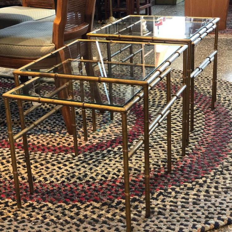                   Gold bamboo motif nesting tables in two sizes : $60 and $70