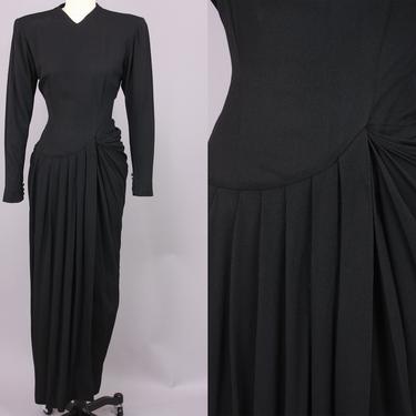 1940s Asymmetrical Rayon Crepe Gown | Vintage 40s 'Herbert Sondheim' Black Evening Dress | small 