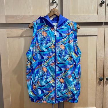 Vintage 80s Sleeveless Hooded Track Jacket Colorful Oversized Windbreaker 