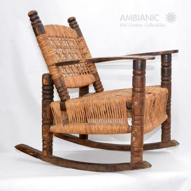 Antique Children's Rocking Chair Wood &amp; Wicker Seagrass Armchair Rocker 1930s 