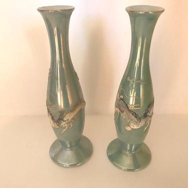 Vintage Moriage Dragonware Bud Vases - Sage Green Lusterware  in Excellent condition-Black 
