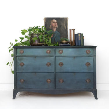 Hand Painted Blue Vintage Six Drawer Dresser, Teal Blue Chest of Drawers, Painted Buffet, Sideboard 