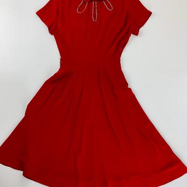 1940'S Rayon Dress - Red Crepe - Metal Studded Rhinesone Details - Sniched Waist - Flared Skirt - Extra Small - 22 Inch Waist 
