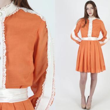 Vintage 50s Pumpkin Orange Dress / 1950s White Tuxedo Bib / 1950s Mod Thin Pleated Mini Full Skirt 