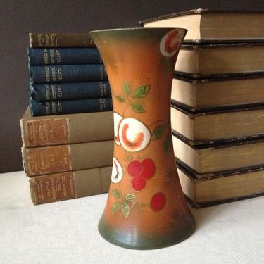 Old English Pottery Vase, Handcrafted in England by Cyples, Warm Orange Color Fruit and Flowers 