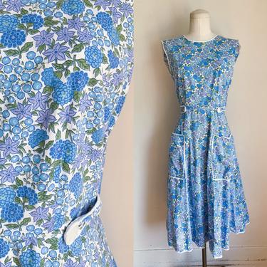 Vintage 1950s Blue Floral Wrap Dress / XS-S 